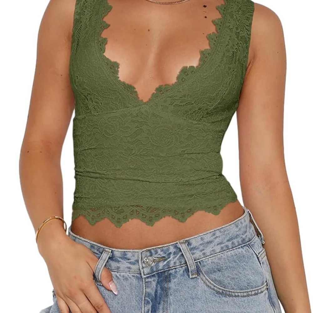 Olive Green Lace Double Layer Crop Top